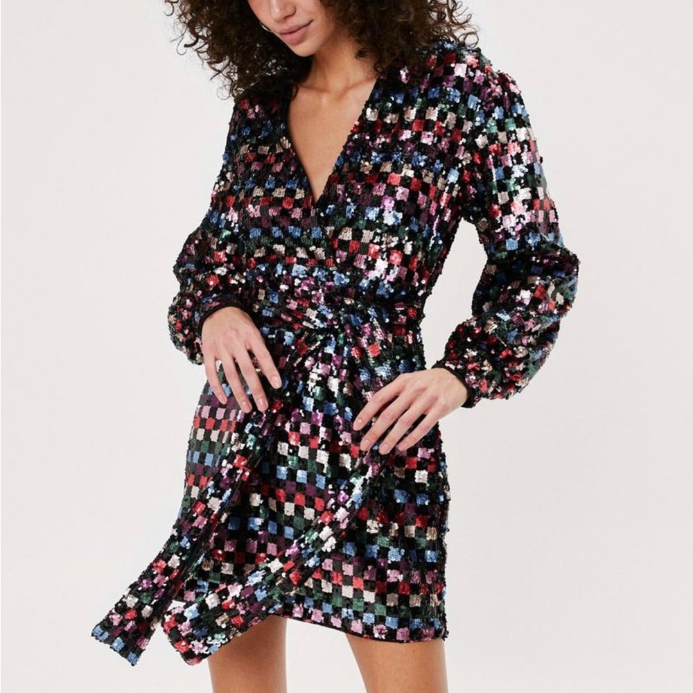 Nasty Gal Checkerboard Sequin Wrap Mini Dress